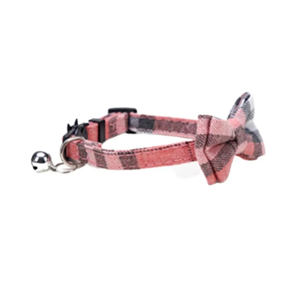 Pink and Grey Plaid Cat Break Away Collar With Bell And Detachable Bow